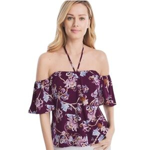 White House Black Market Chic Floral Vine Jersey Road Off Shoulder flirty Blouse